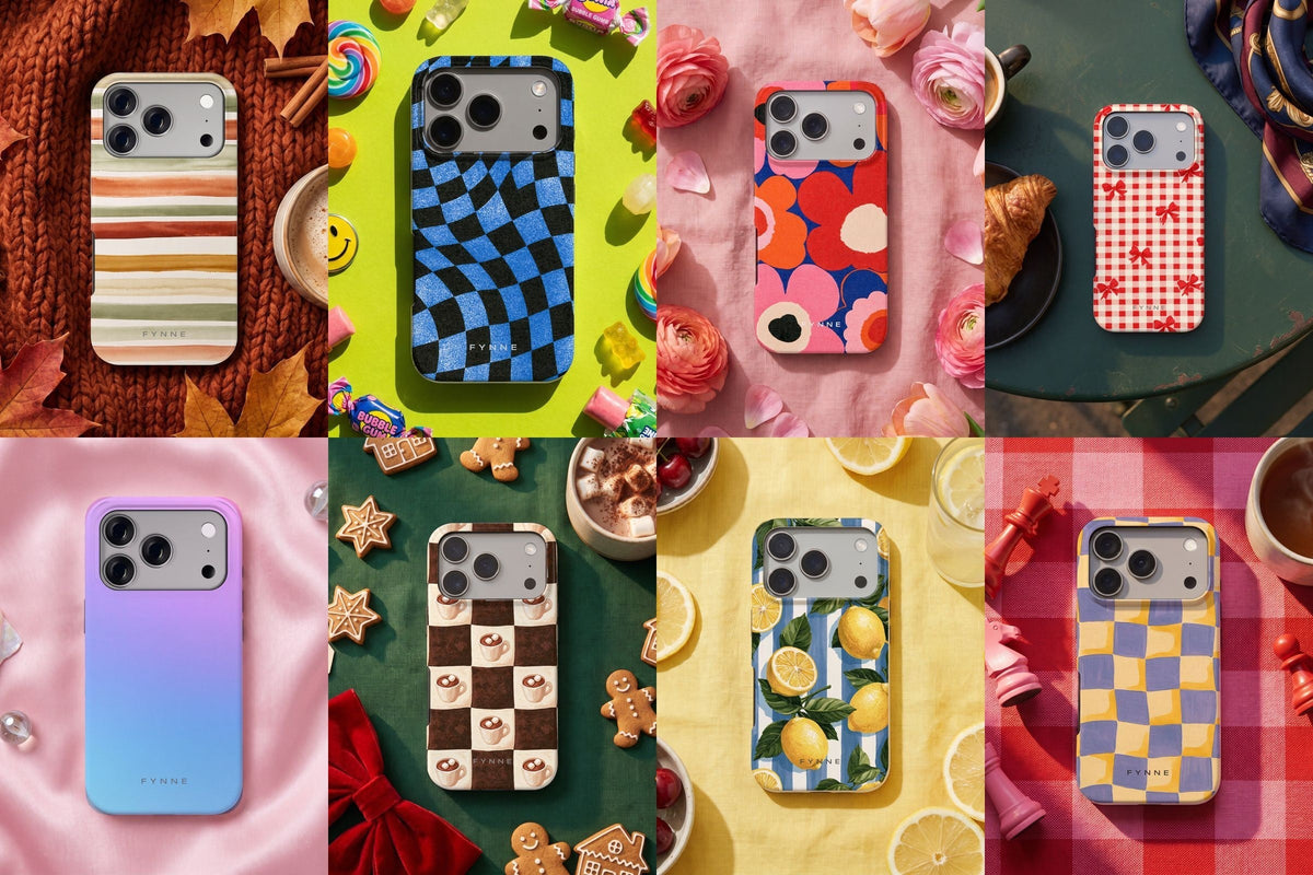 Acht Fynne-hoesjes, één per collectie, elk in een eigen sfeer: van herfstbladeren en snoep tot citroenen en schaakstukken.