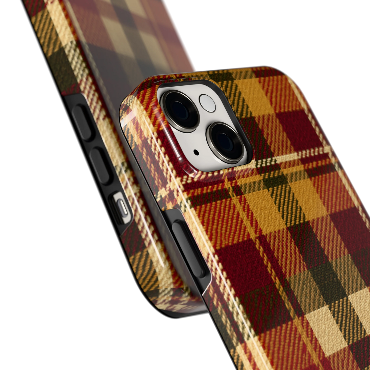 Herfst Tartan hoesje voor iPhone 14 Plus, close-up