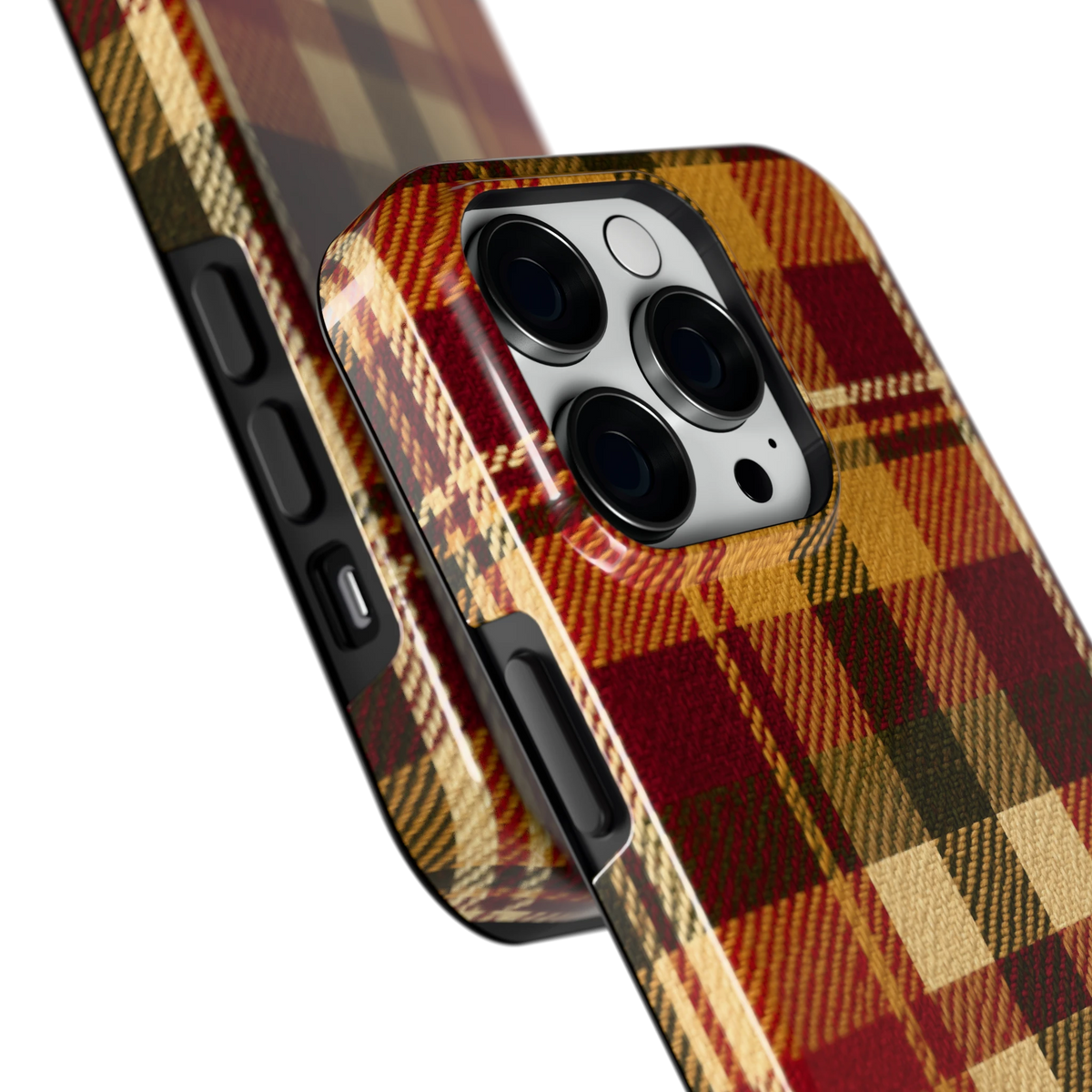 Herfst Tartan hoesje voor iPhone 14 Pro, close-up