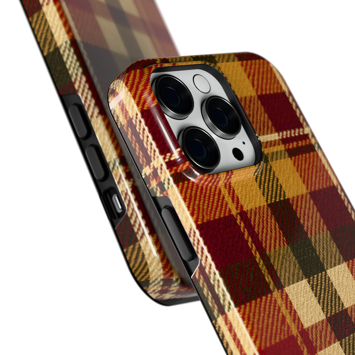 Herfst Tartan hoesje voor iPhone 14 Pro Max, close-up