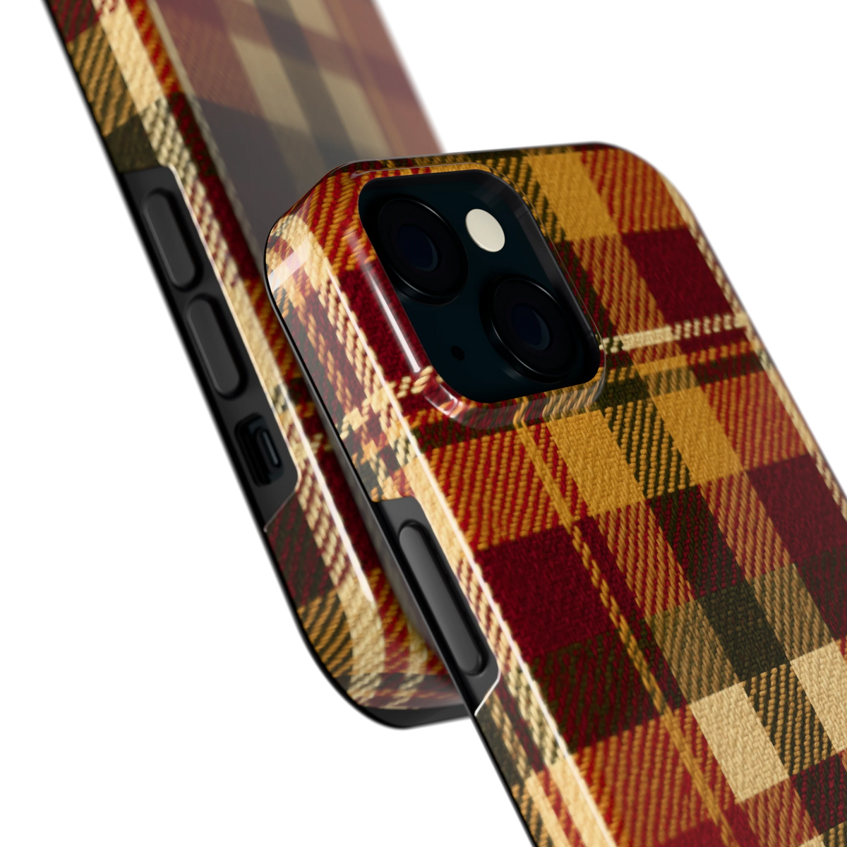 Herfst Tartan hoesje voor iPhone 15, close-up