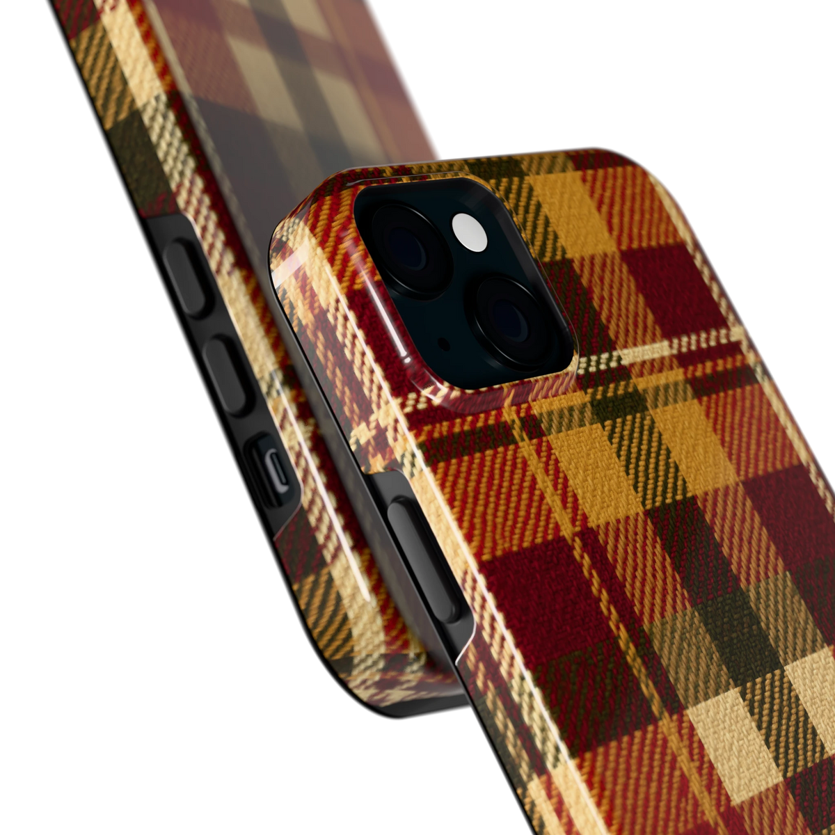 Herfst Tartan hoesje voor iPhone 15 Plus, close-up