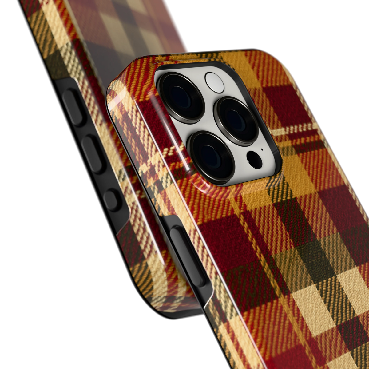 Herfst Tartan hoesje voor iPhone 15 Pro, close-up
