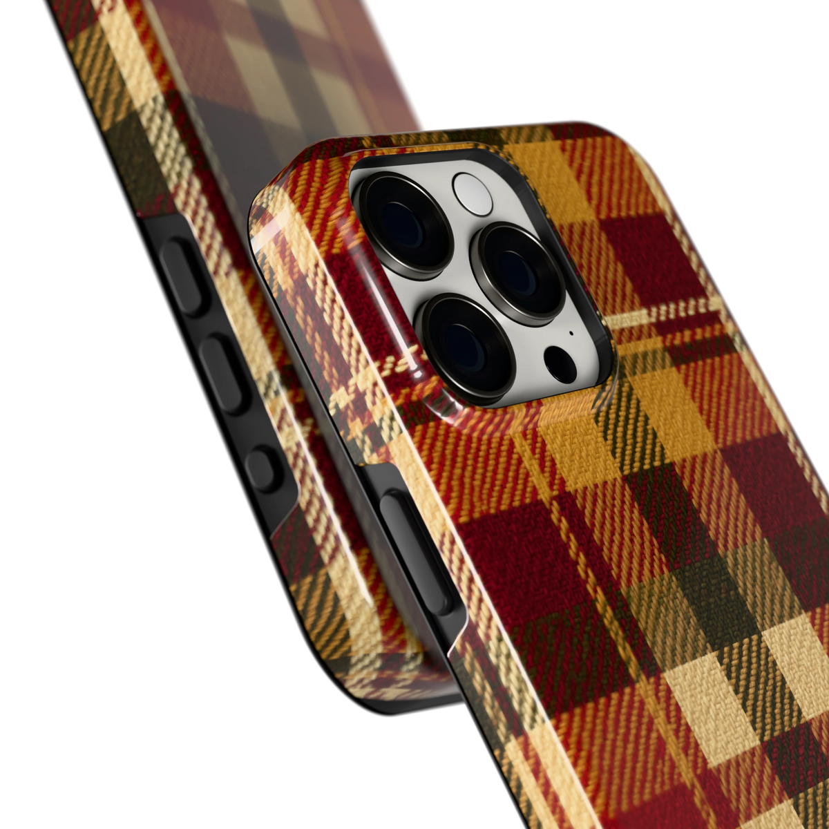 Herfst Tartan hoesje voor iPhone 15 Pro Max, close-up