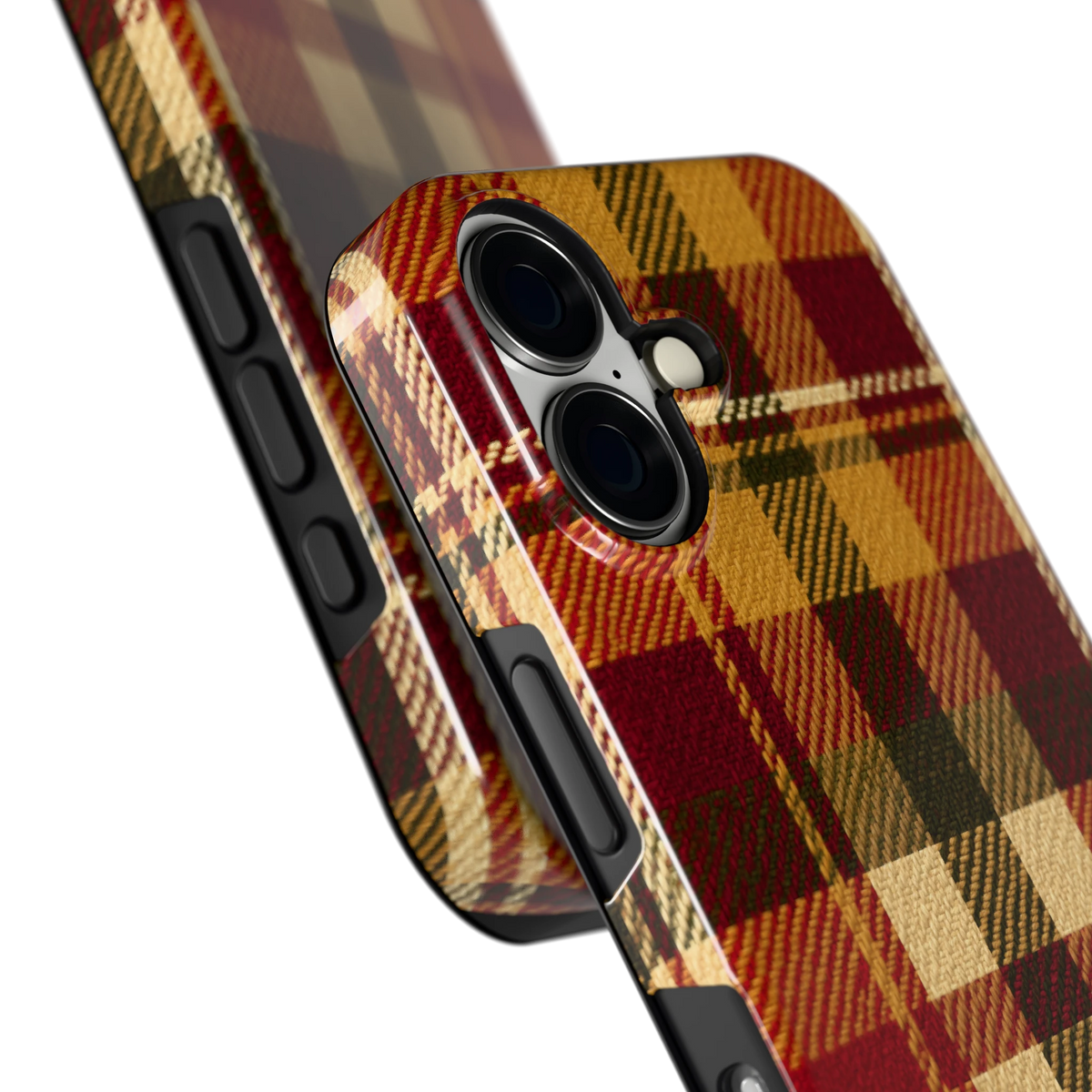 Herfst Tartan hoesje voor iPhone 16, close-up