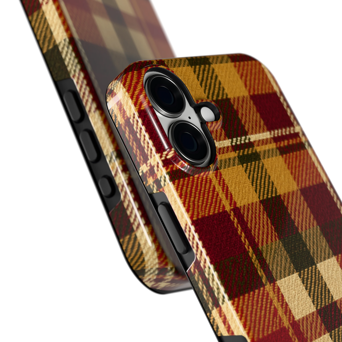 Herfst Tartan hoesje voor iPhone 16 Plus, close-up