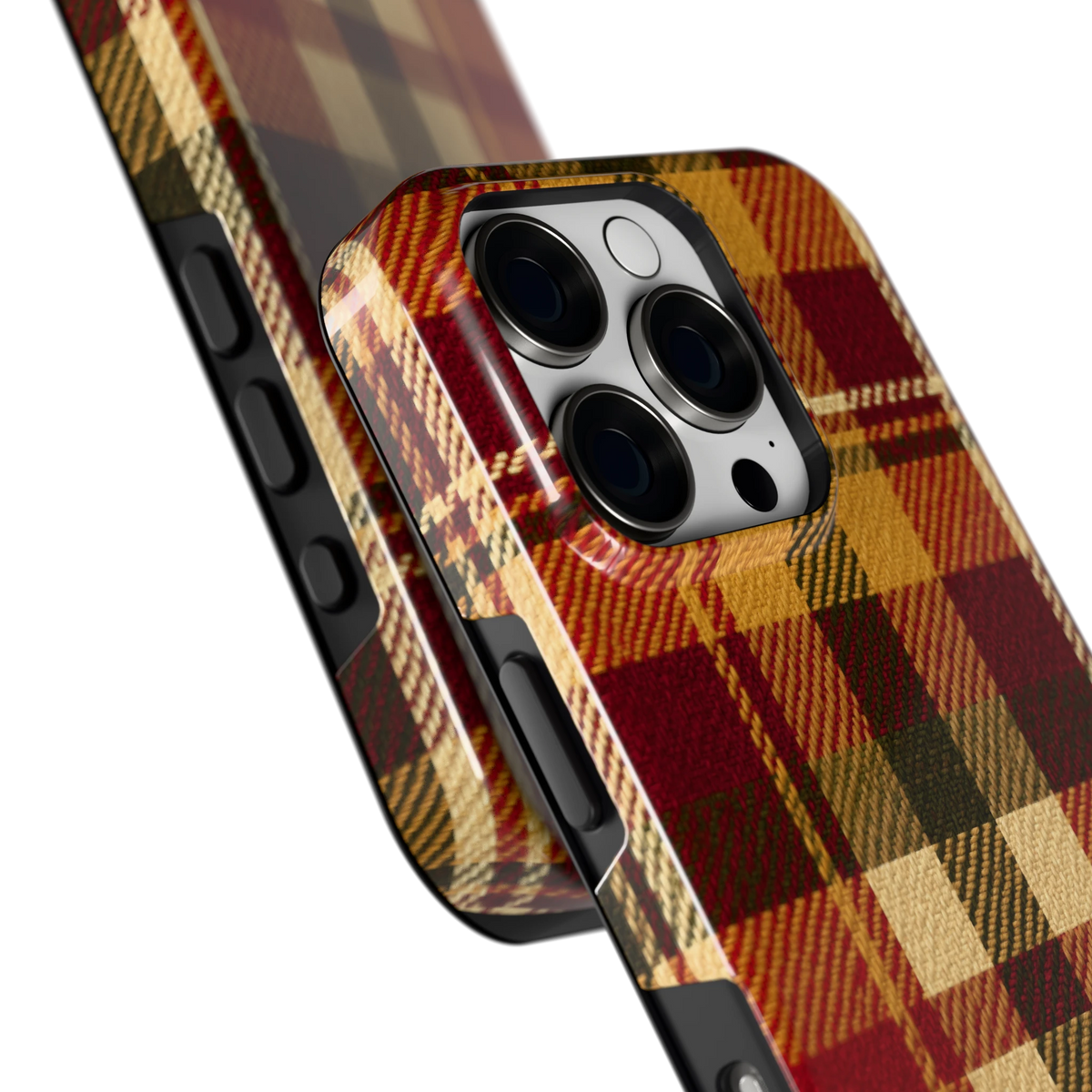 Herfst Tartan hoesje voor iPhone 16 Pro, close-up