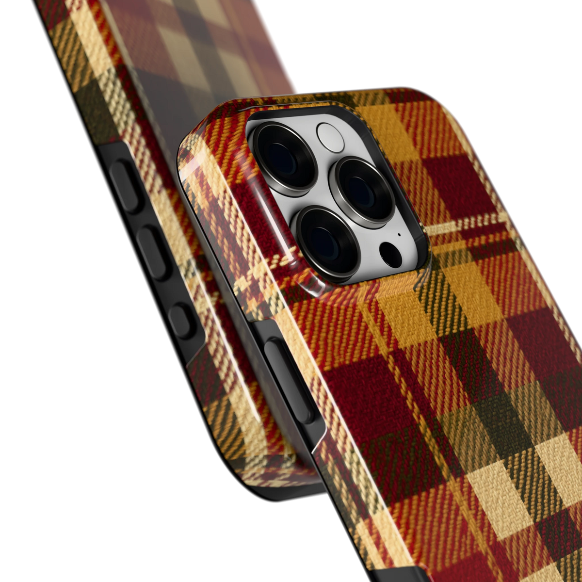 Herfst Tartan hoesje voor iPhone 16 Pro Max, close-up