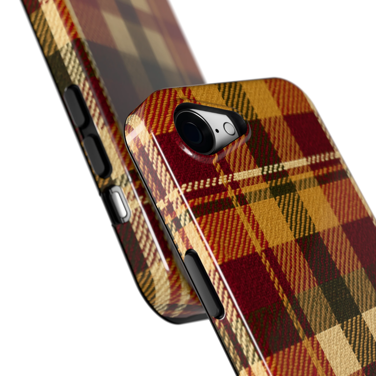 Herfst Tartan hoesje voor iPhone 16e, close-up