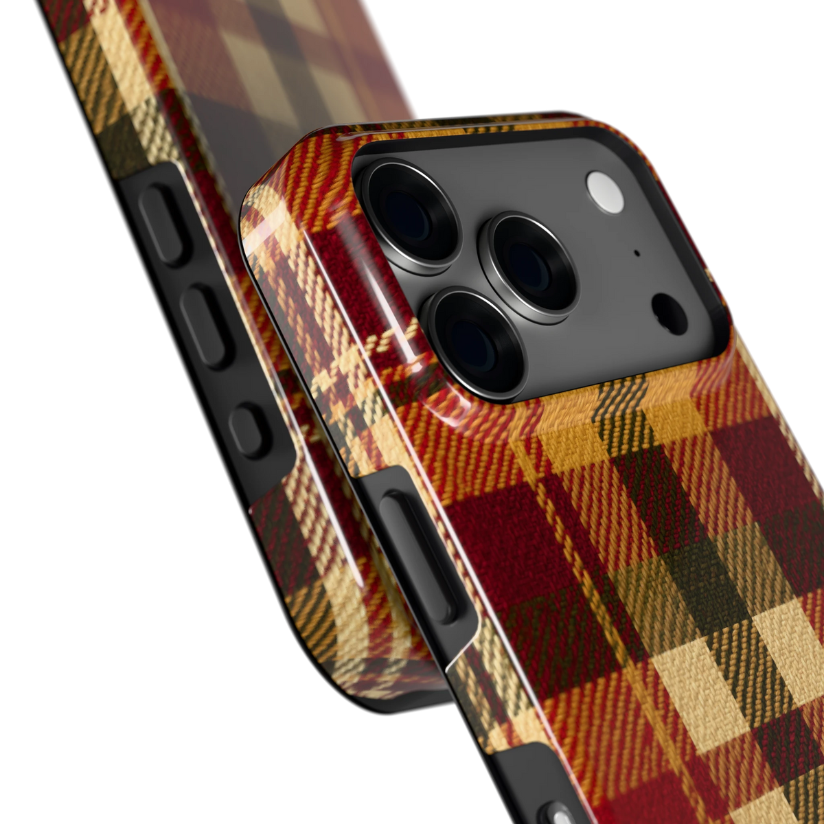 Herfst Tartan hoesje voor iPhone 18 Pro, close-up