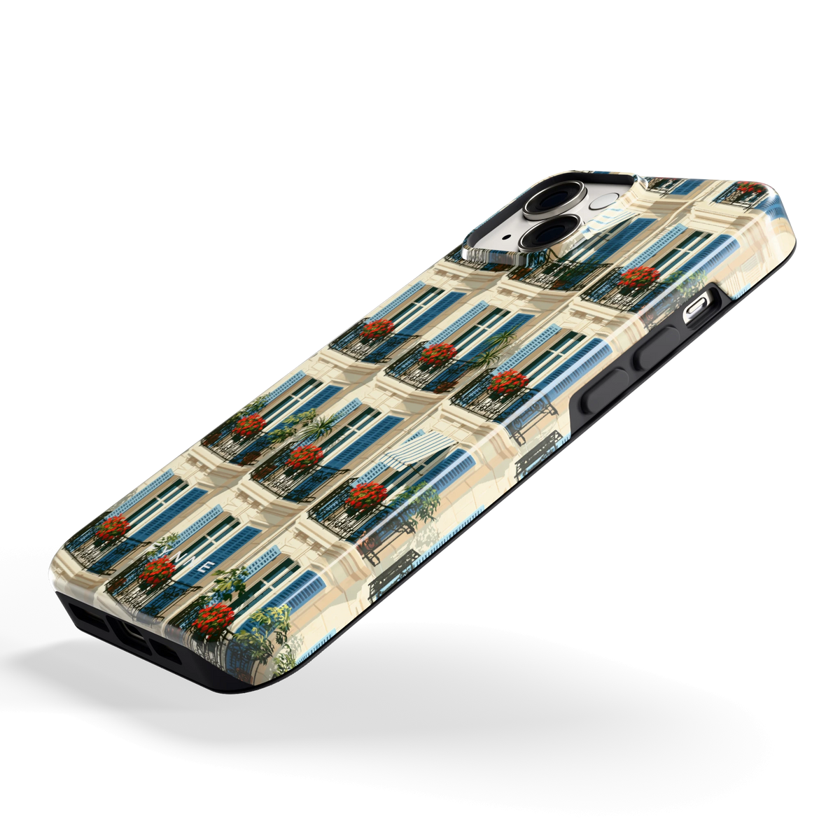 Balkonseizoen hoesje voor iPhone 14, schuin