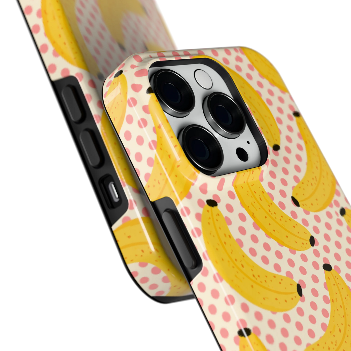 Bananen Stippen hoesje voor iPhone 14 Pro, close-up