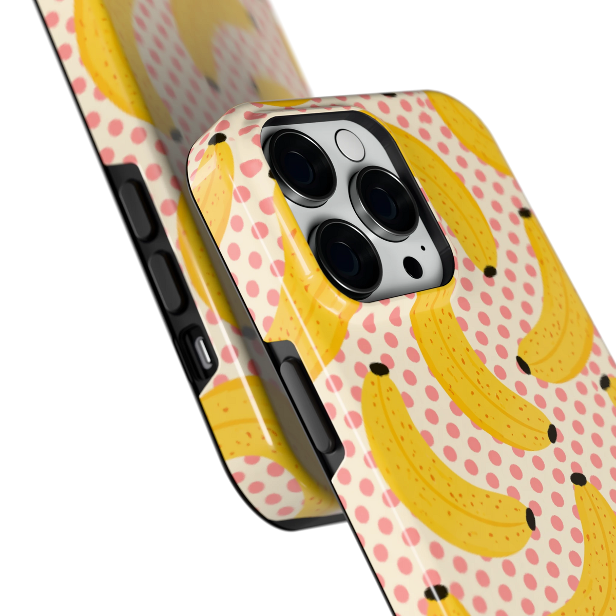 Bananen Stippen hoesje voor iPhone 14 Pro Max, close-up