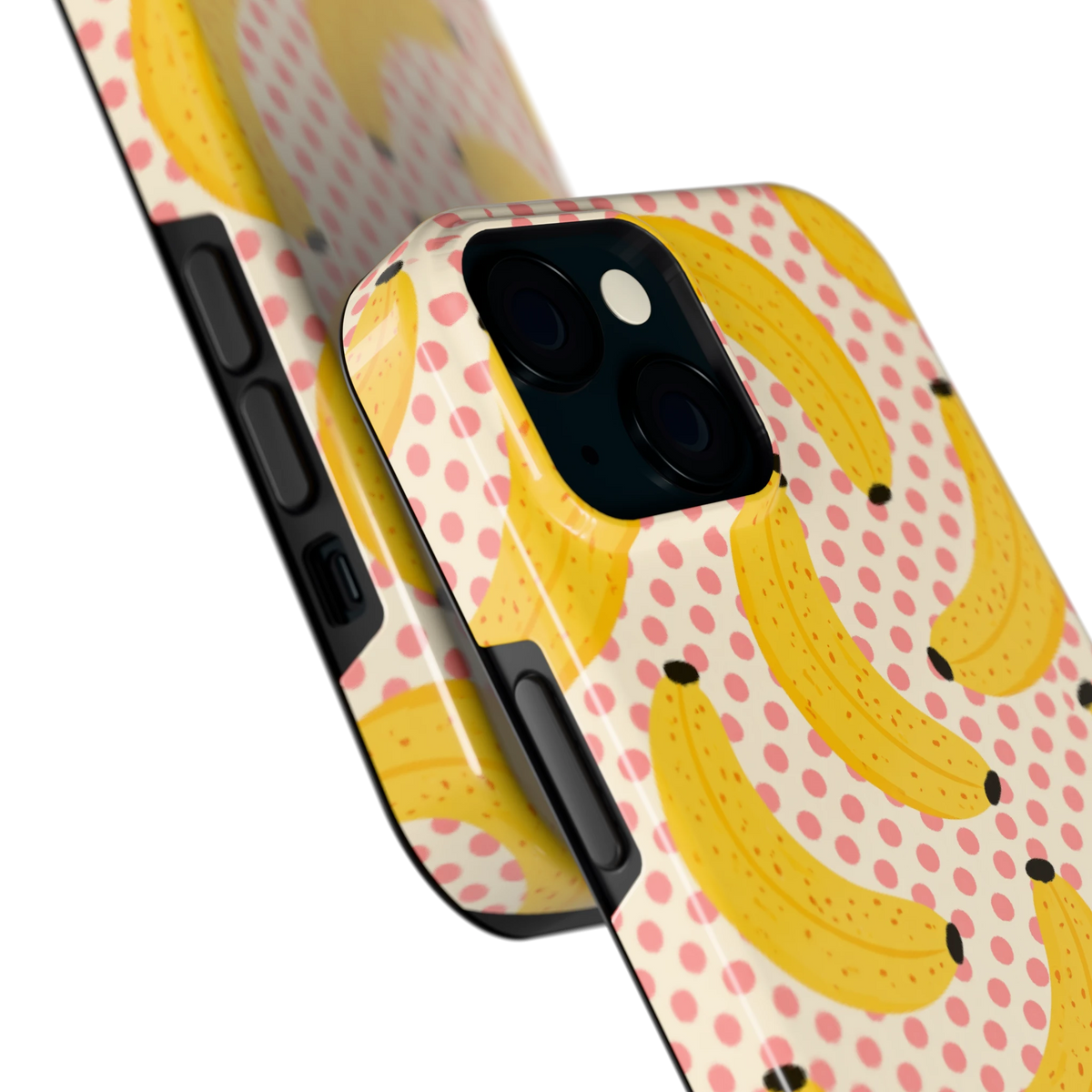 Bananen Stippen hoesje voor iPhone 15, close-up