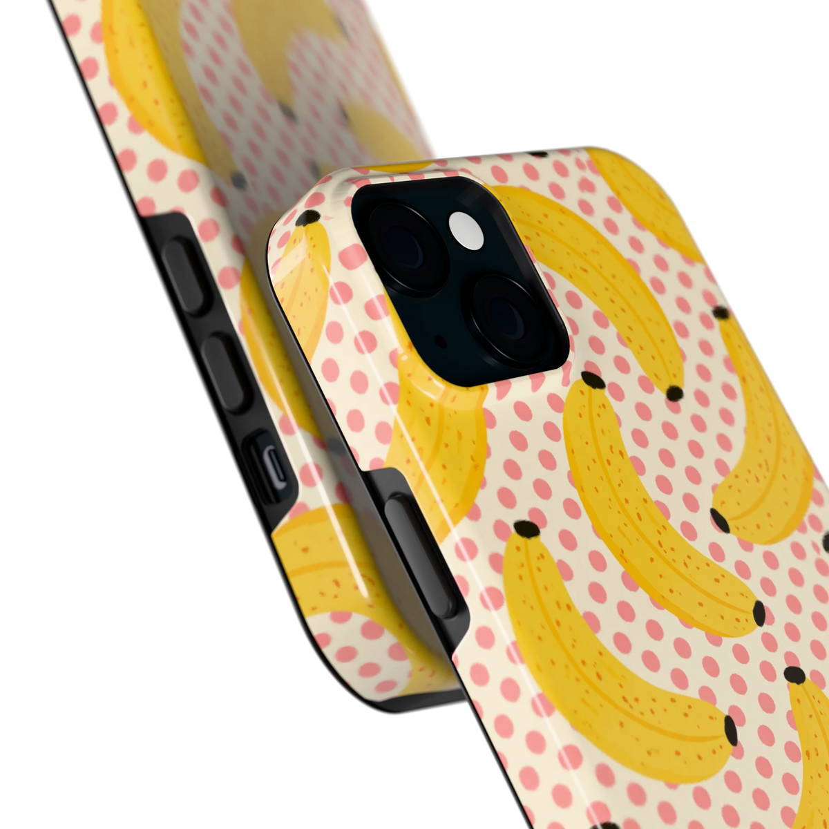 Bananen Stippen hoesje voor iPhone 15 Plus, close-up