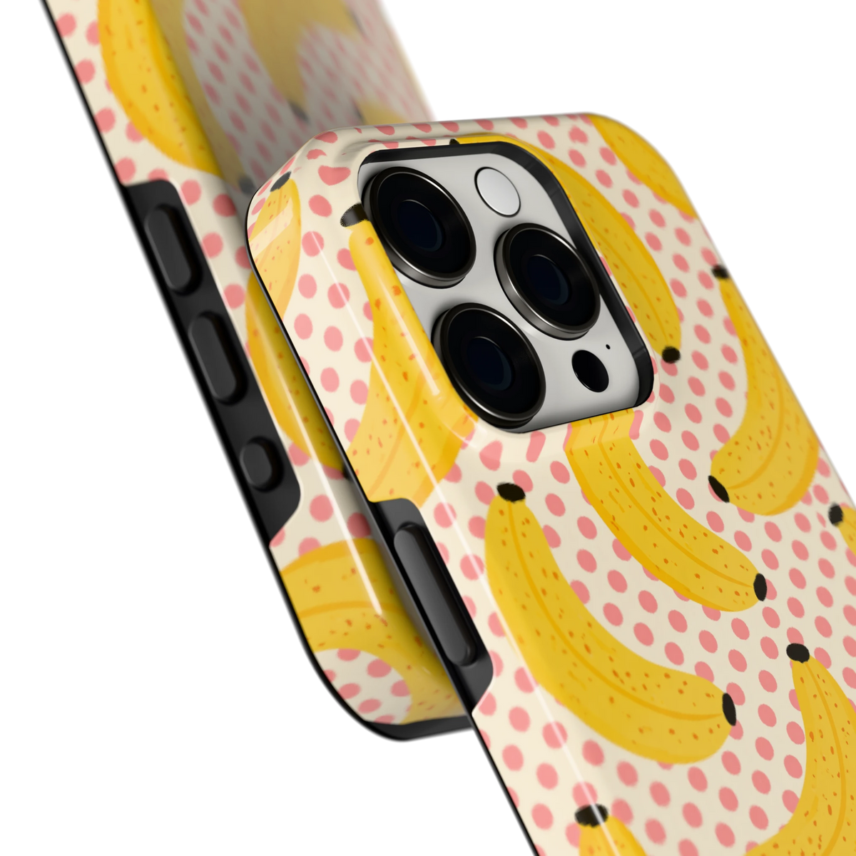 Bananen Stippen hoesje voor iPhone 15 Pro, close-up