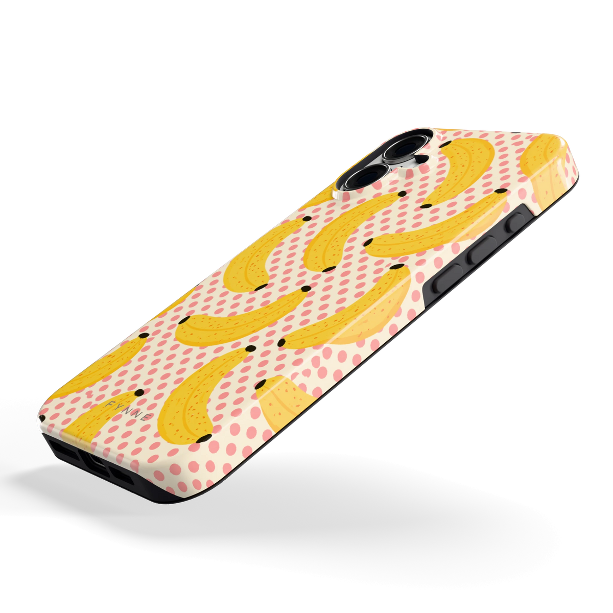 Bananen Stippen hoesje voor iPhone 16 Plus, schuin