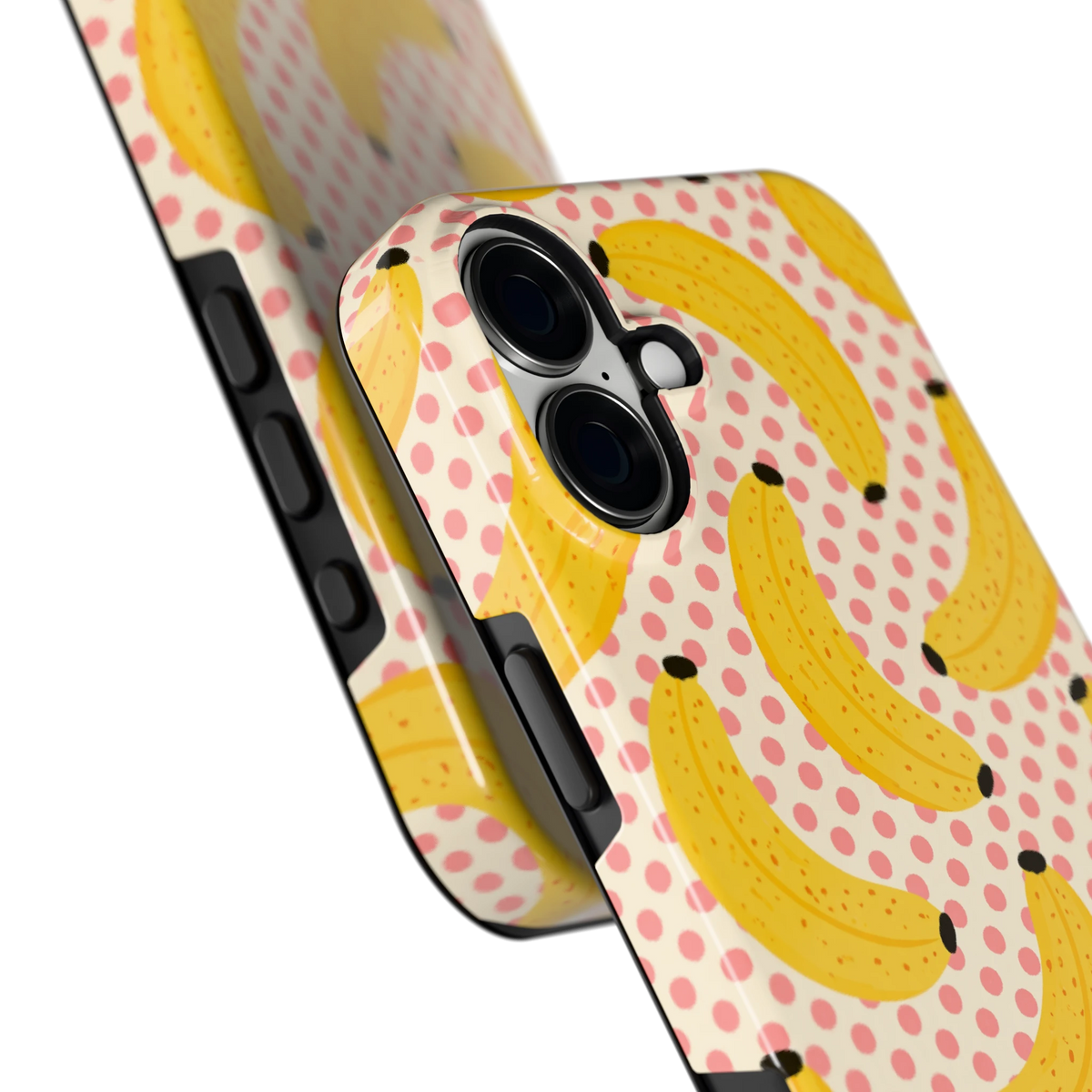 Bananen Stippen hoesje voor iPhone 16 Plus, close-up