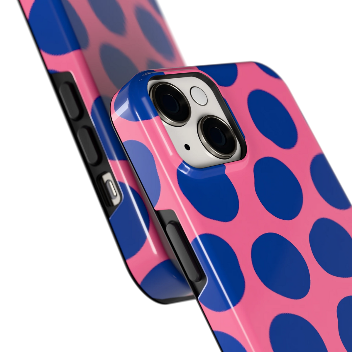 Grote blauwe stippen hoesje voor iPhone 14, close-up