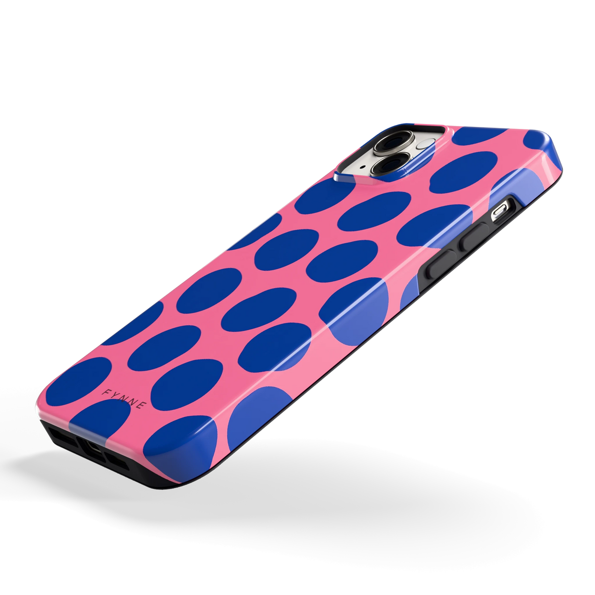 Grote blauwe stippen hoesje voor iPhone 14 Plus, schuin