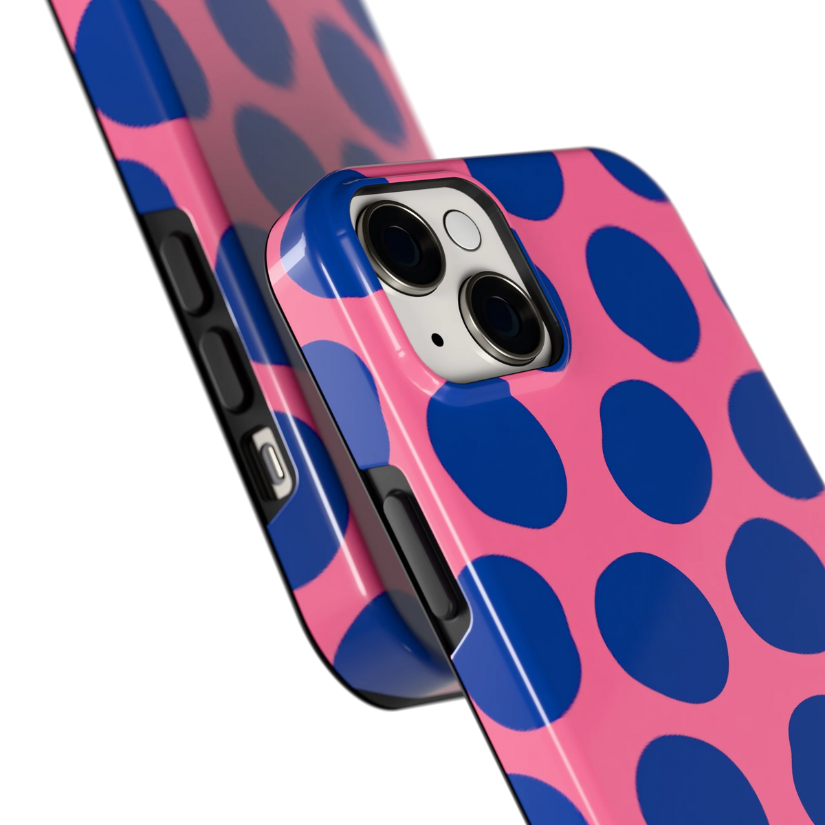 Grote blauwe stippen hoesje voor iPhone 14 Plus, close-up