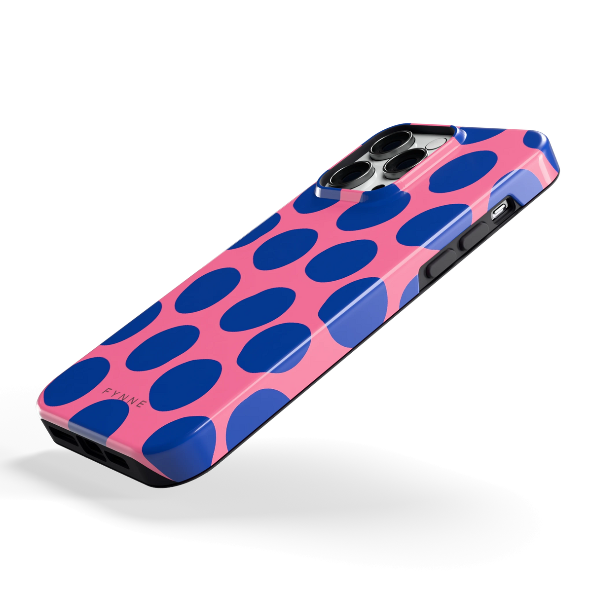Grote blauwe stippen hoesje voor iPhone 14 Pro Max, schuin