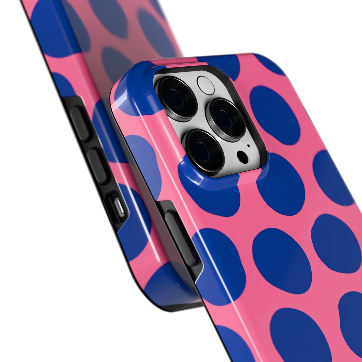 Grote blauwe stippen hoesje voor iPhone 14 Pro Max, close-up