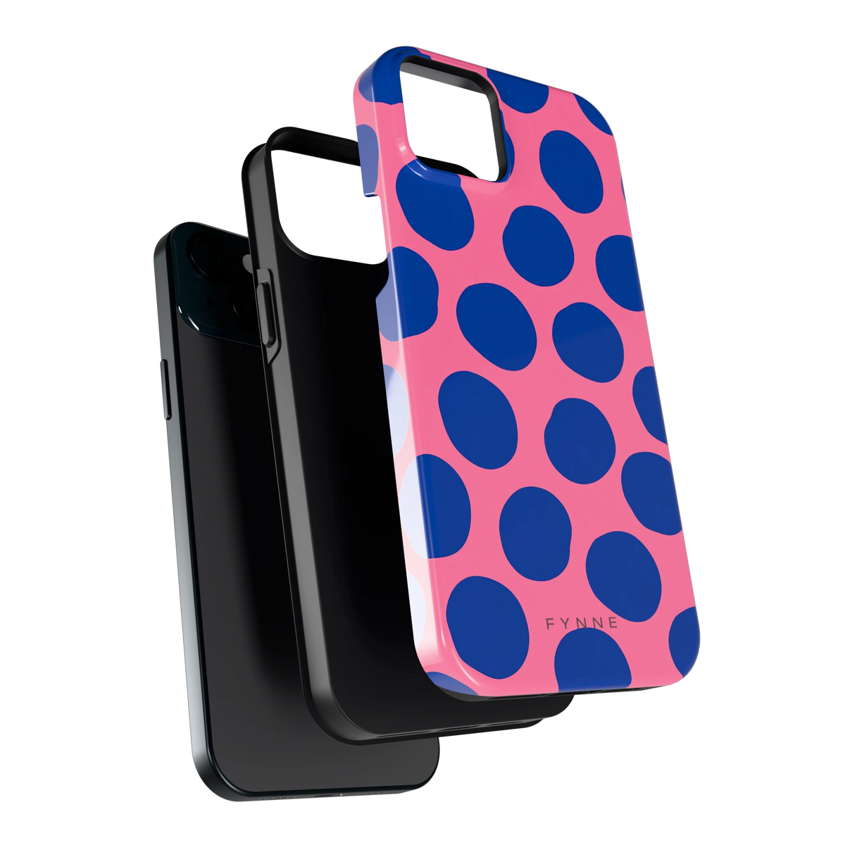 Grote blauwe stippen hoesje voor iPhone 15 Plus, los van de telefoon