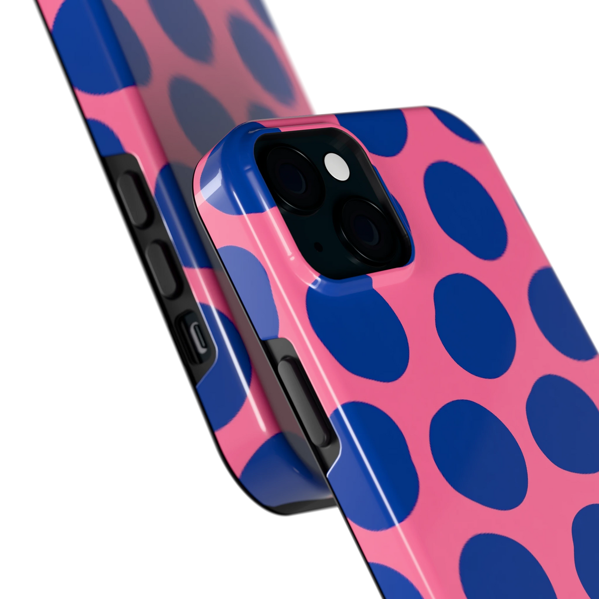 Grote blauwe stippen hoesje voor iPhone 15 Plus, close-up