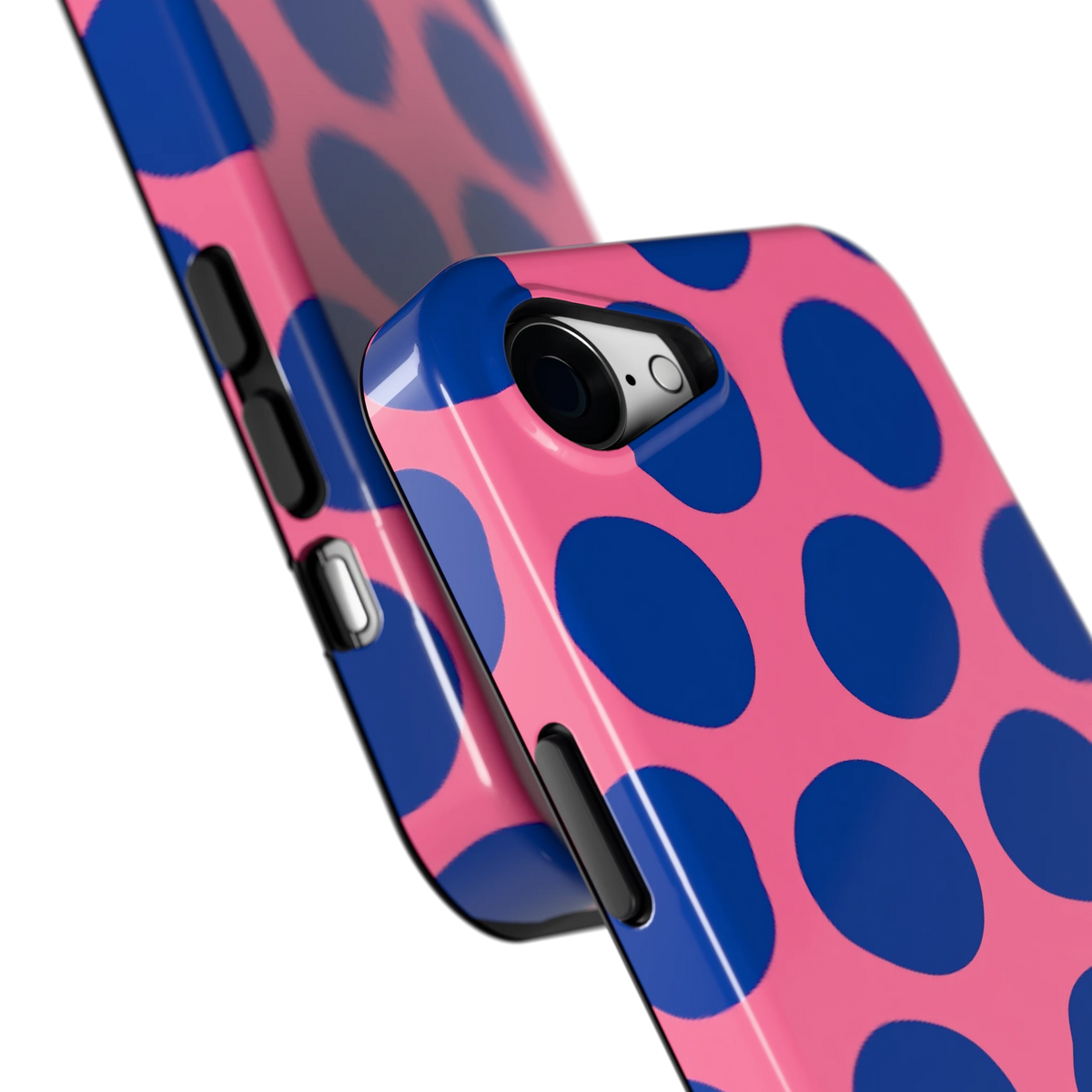 Grote blauwe stippen hoesje voor iPhone 16e, close-up