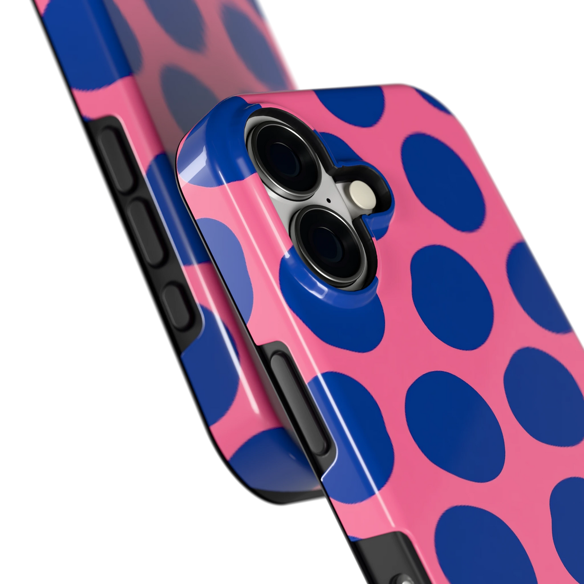 Grote blauwe stippen hoesje voor iPhone 17, close-up