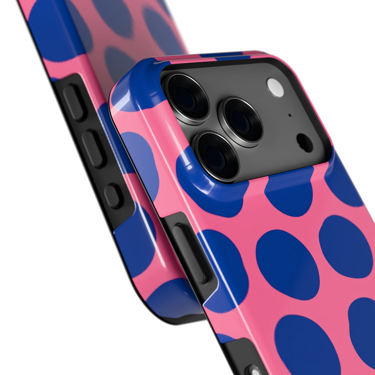 Grote blauwe stippen hoesje voor iPhone 18 Pro, close-up