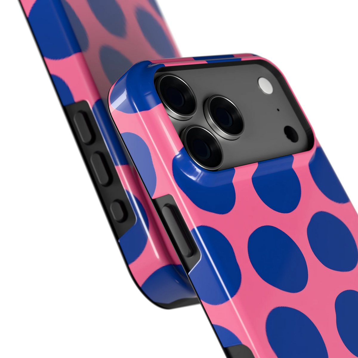 Grote blauwe stippen hoesje voor iPhone 18 Pro Max, close-up