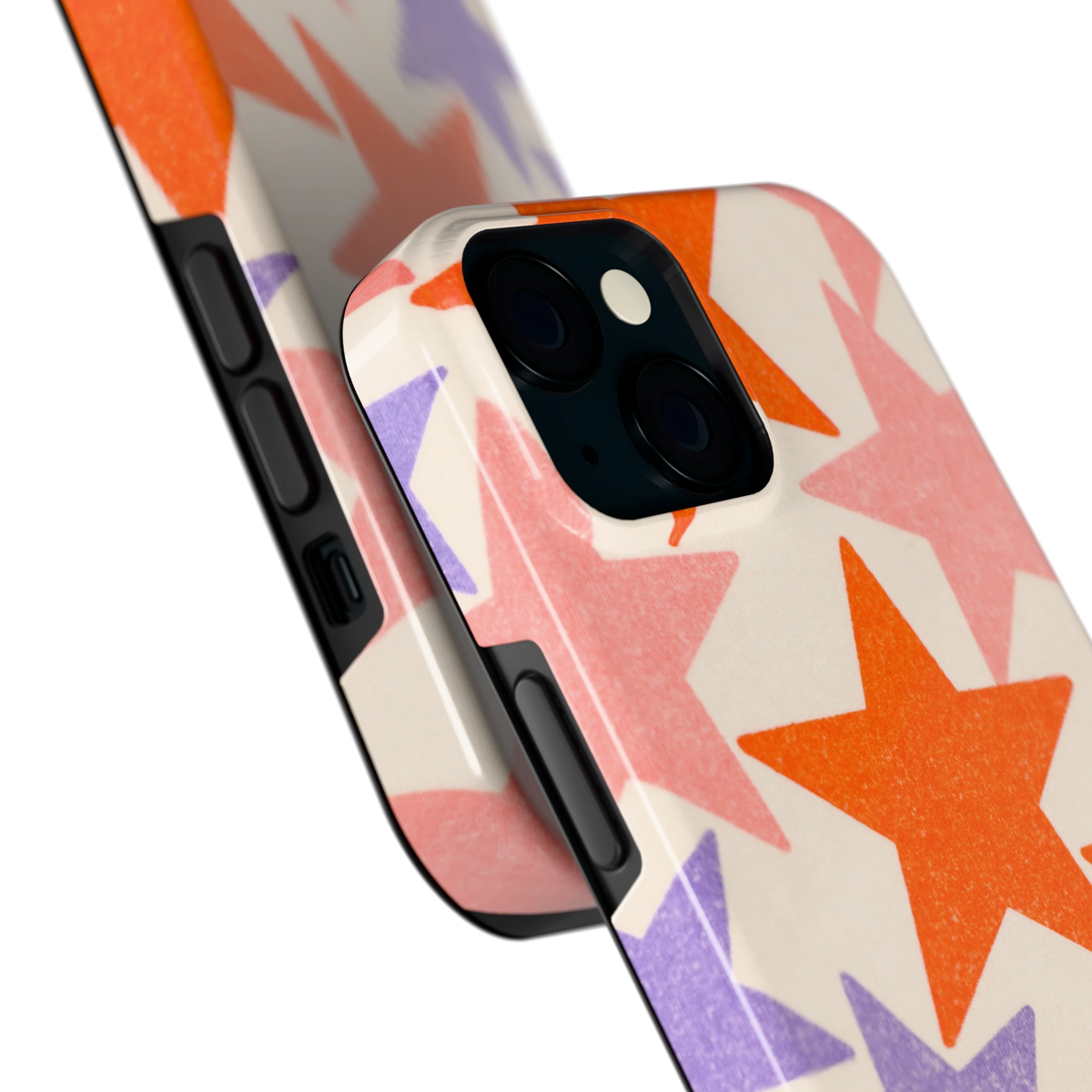 Grote sterren hoesje voor iPhone 15, close-up