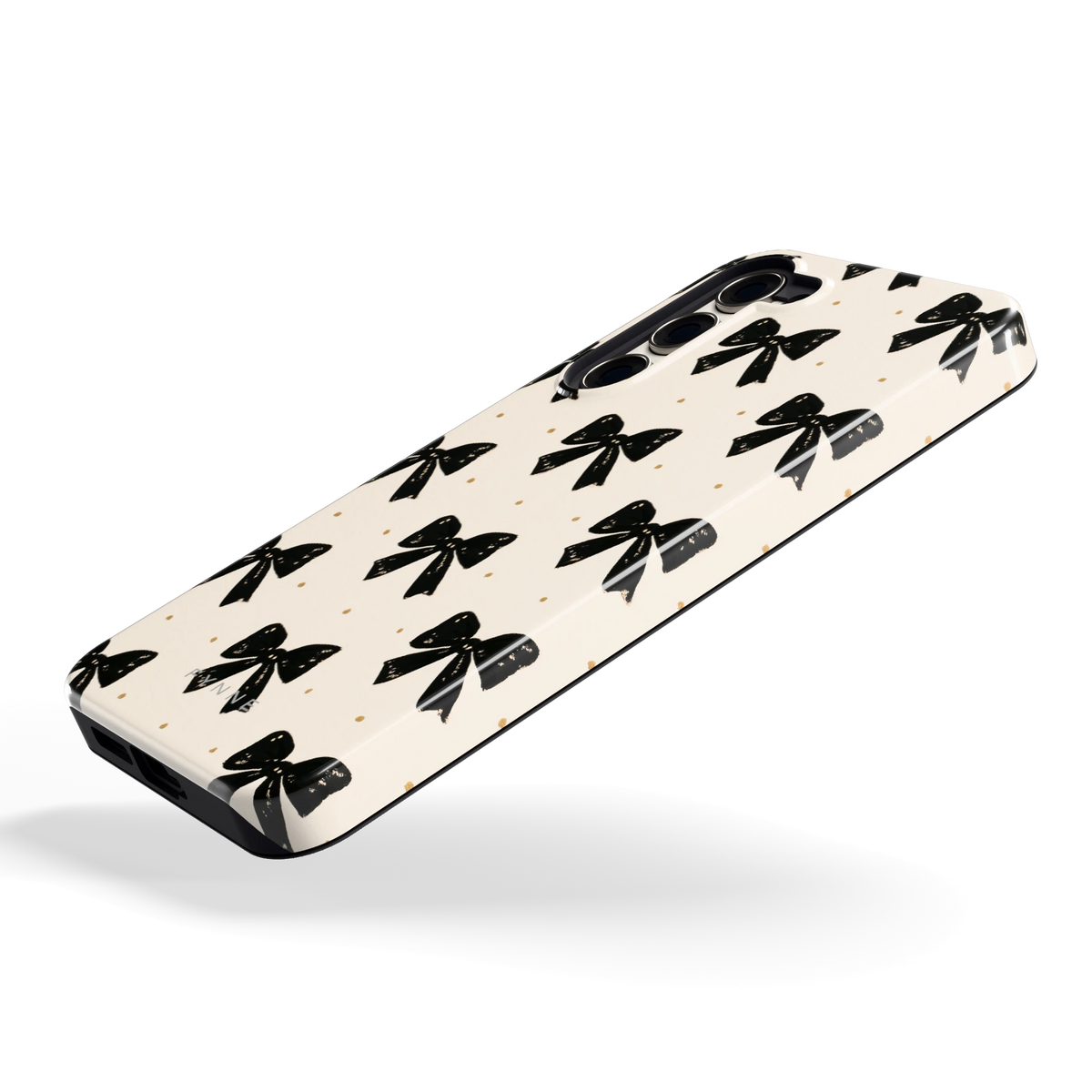 Zwarte strikjes hoesje voor Galaxy S23+, schuin
