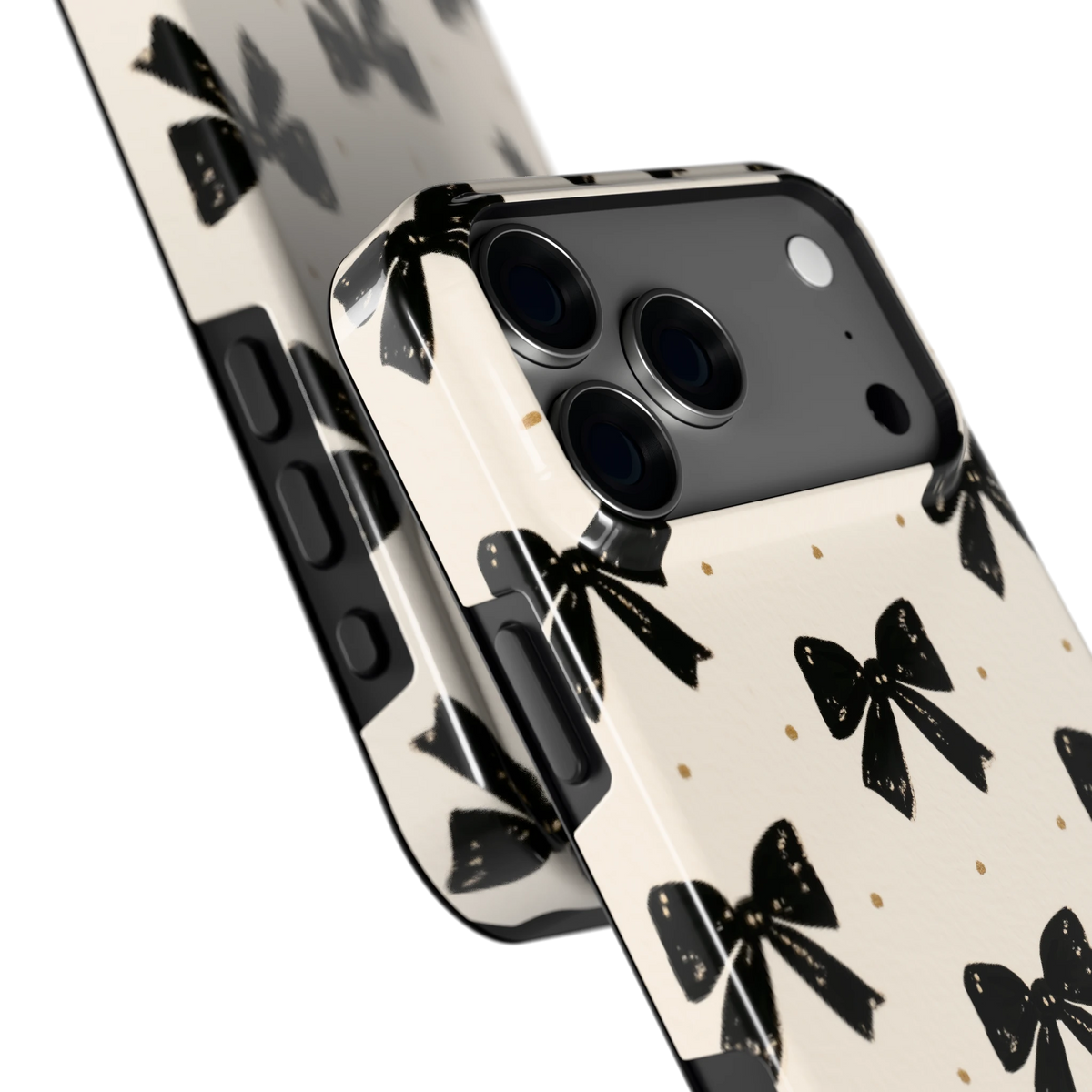 Zwarte strikjes hoesje voor iPhone 18 Pro Max, close-up