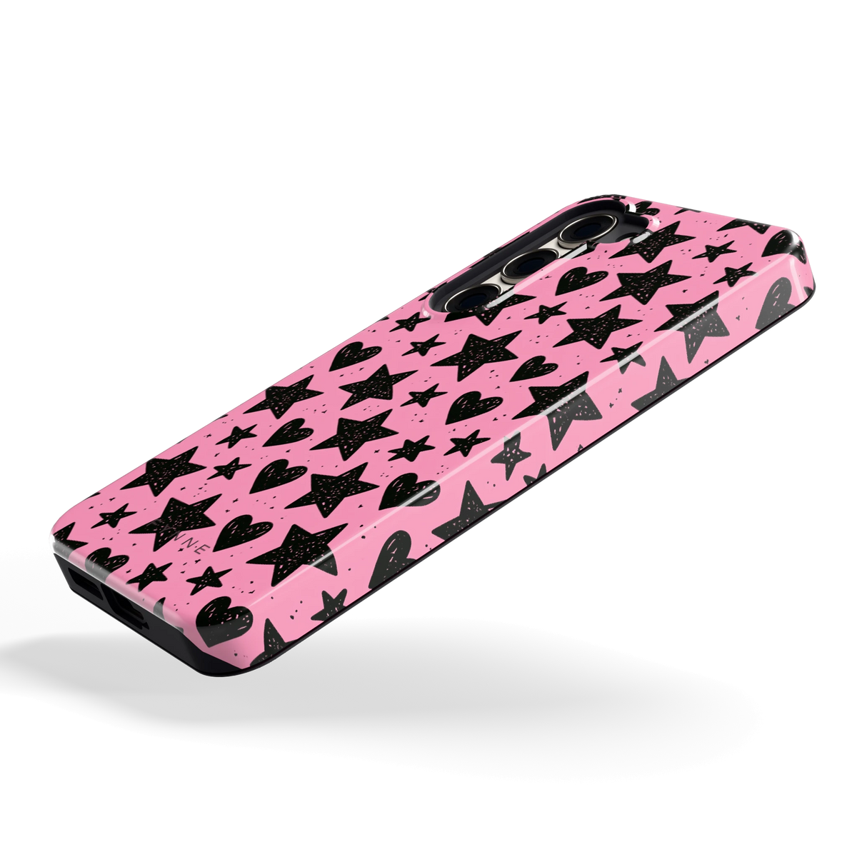 Zwarte sterren en hartjes hoesje voor Galaxy S23, schuin