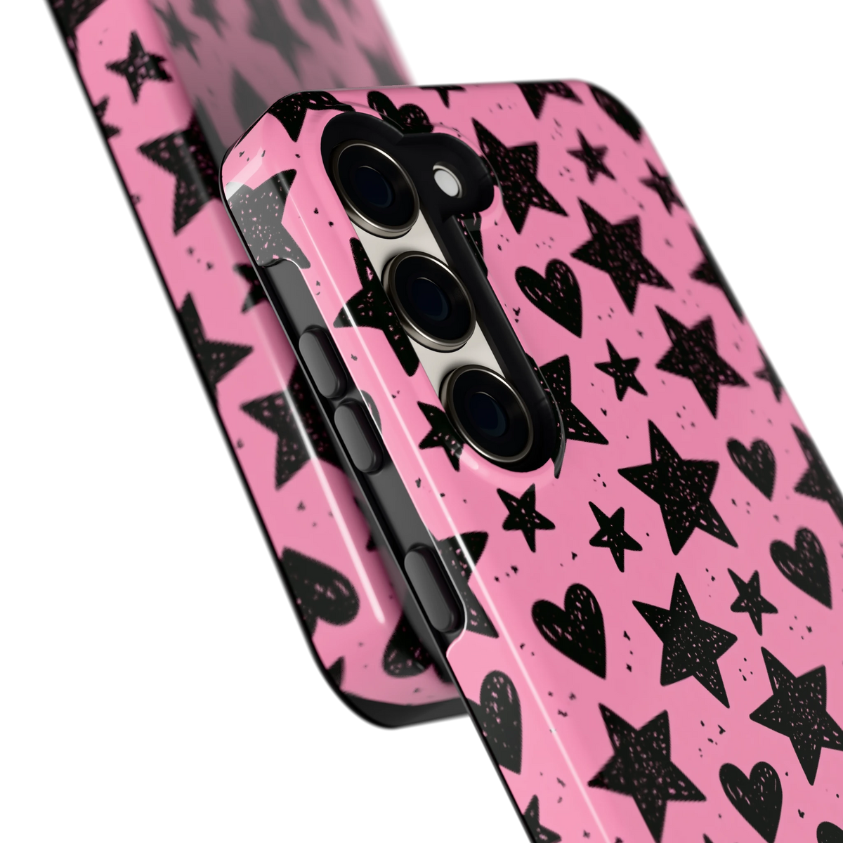 Zwarte sterren en hartjes hoesje voor Galaxy S23, close-up