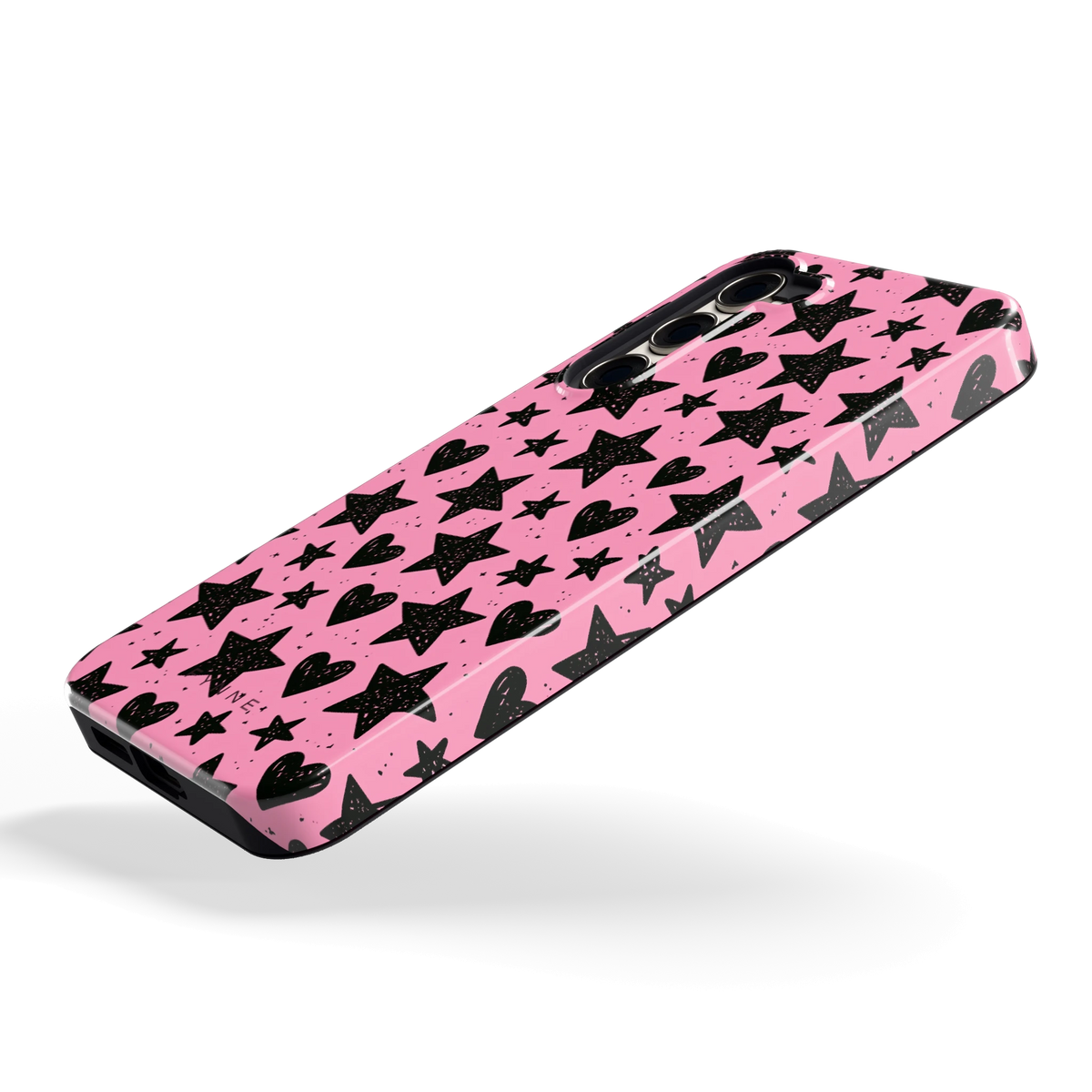Zwarte sterren en hartjes hoesje voor Galaxy S23+, schuin