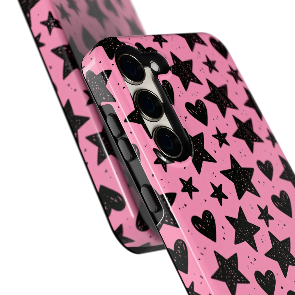 Zwarte sterren en hartjes hoesje voor Galaxy S23+, close-up