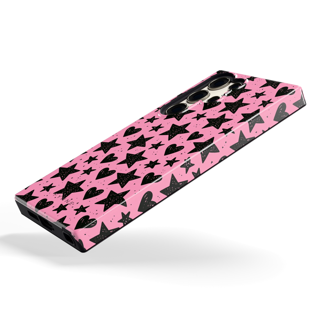 Zwarte sterren en hartjes hoesje voor Galaxy S23 Ultra, schuin