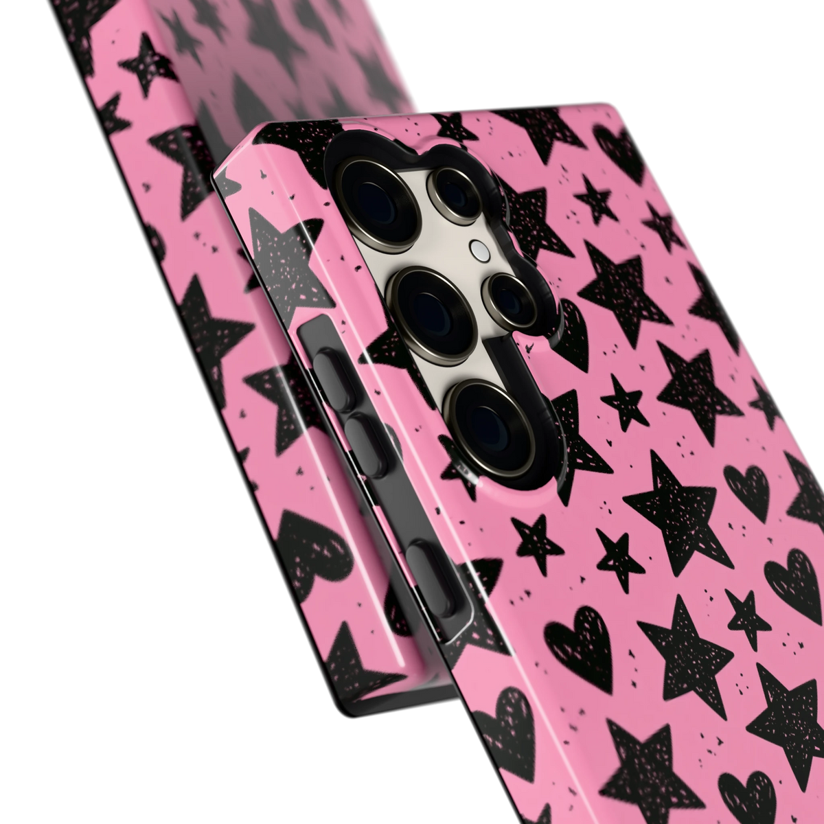 Zwarte sterren en hartjes hoesje voor Galaxy S23 Ultra, close-up