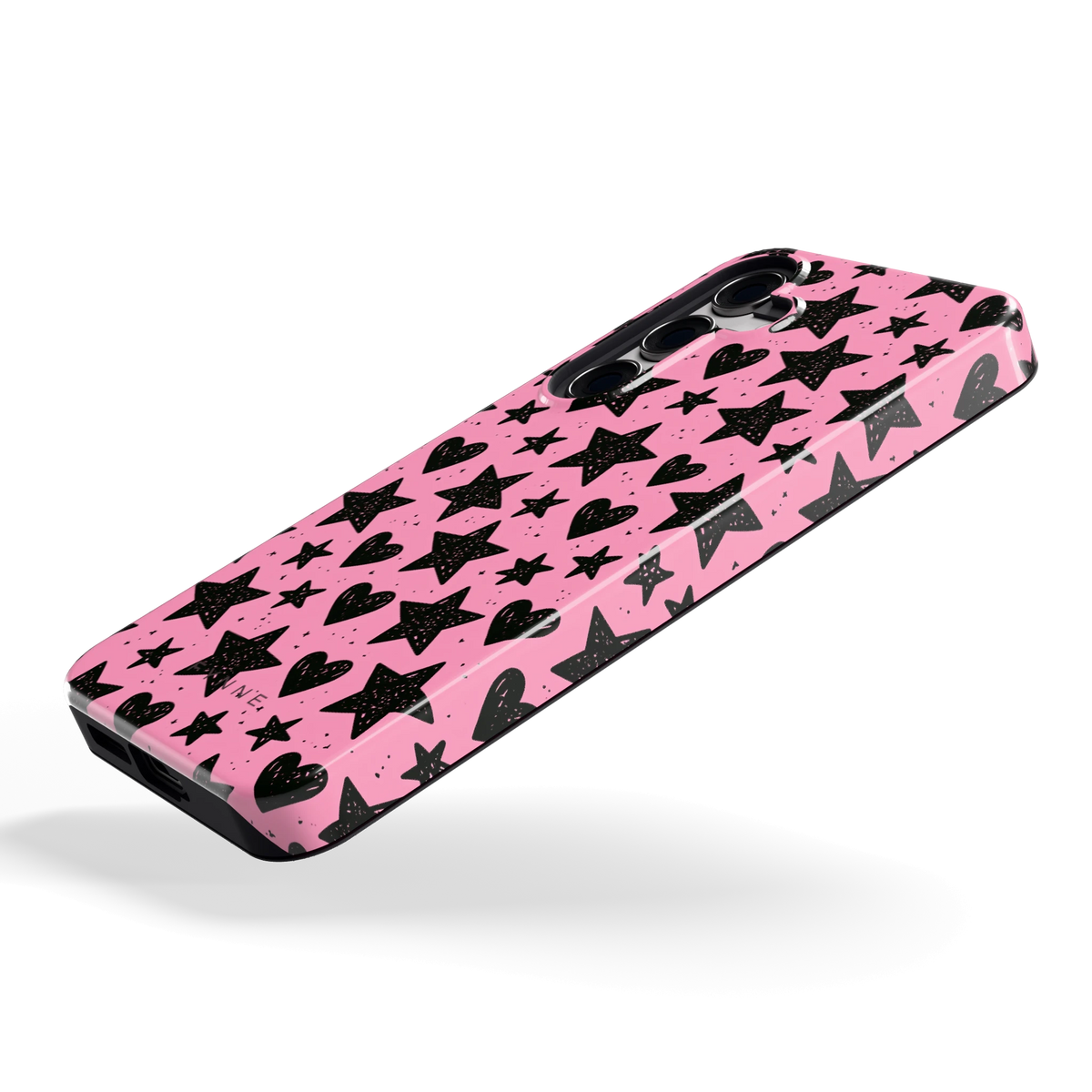 Zwarte sterren en hartjes hoesje voor Galaxy S24, schuin