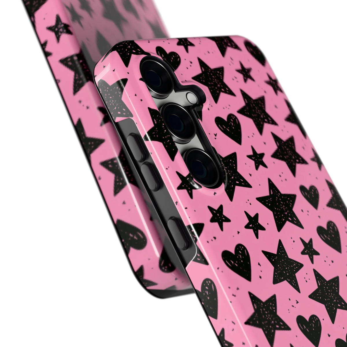 Zwarte sterren en hartjes hoesje voor Galaxy S24 FE, close-up