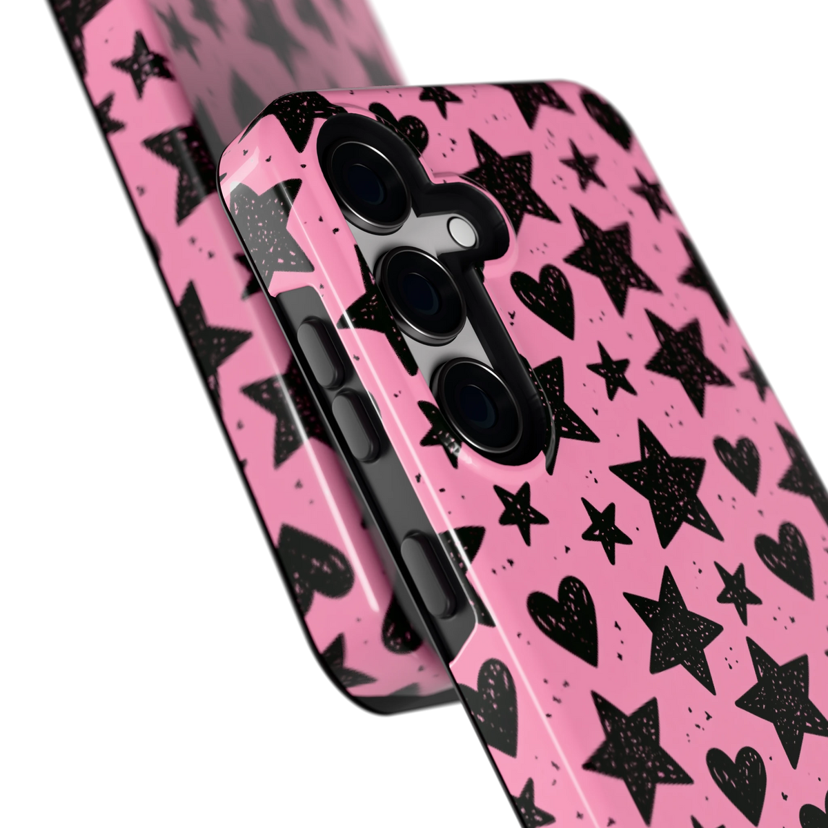 Zwarte sterren en hartjes hoesje voor Galaxy S24, close-up