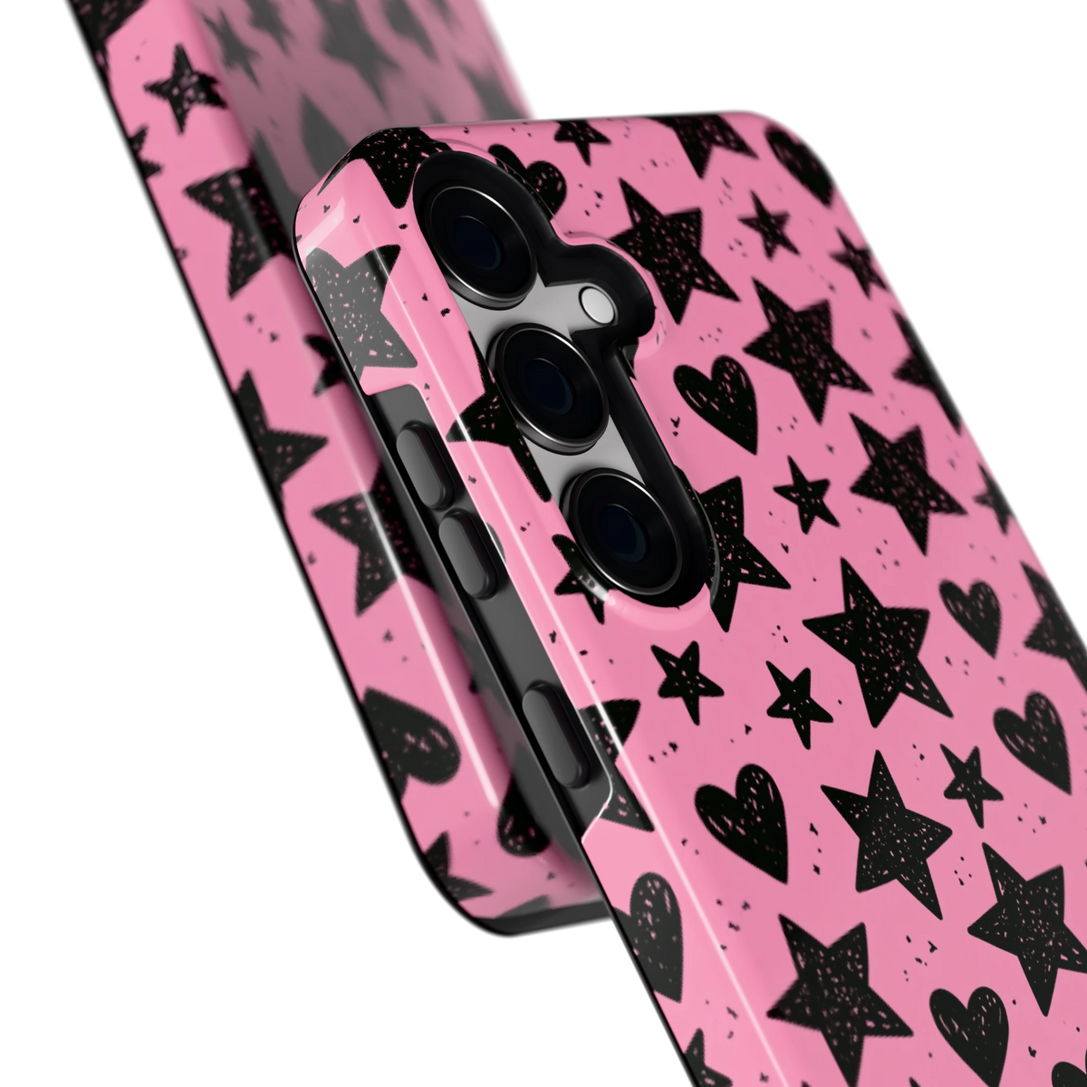 Zwarte sterren en hartjes hoesje voor Galaxy S24+, close-up