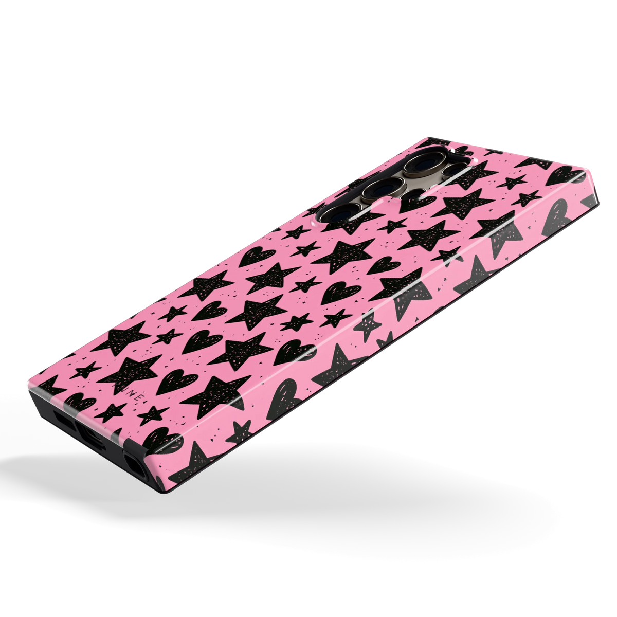 Zwarte sterren en hartjes hoesje voor Galaxy S24 Ultra, schuin