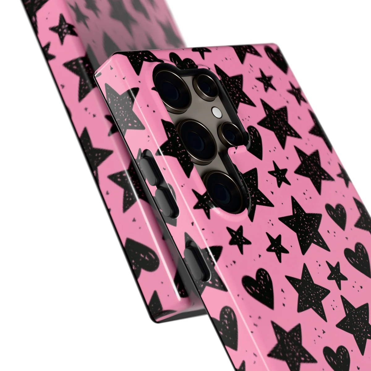 Zwarte sterren en hartjes hoesje voor Galaxy S24 Ultra, close-up