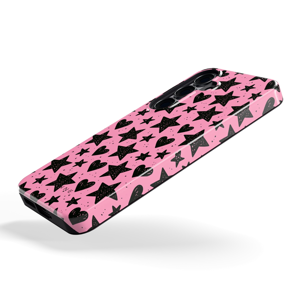 Zwarte sterren en hartjes hoesje voor Galaxy S25, schuin