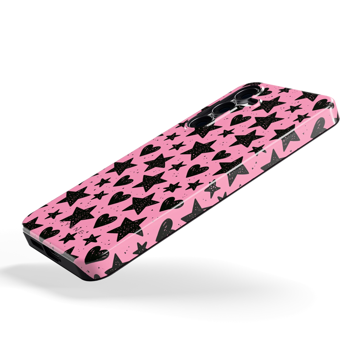 Zwarte sterren en hartjes hoesje voor Galaxy S25 FE, schuin